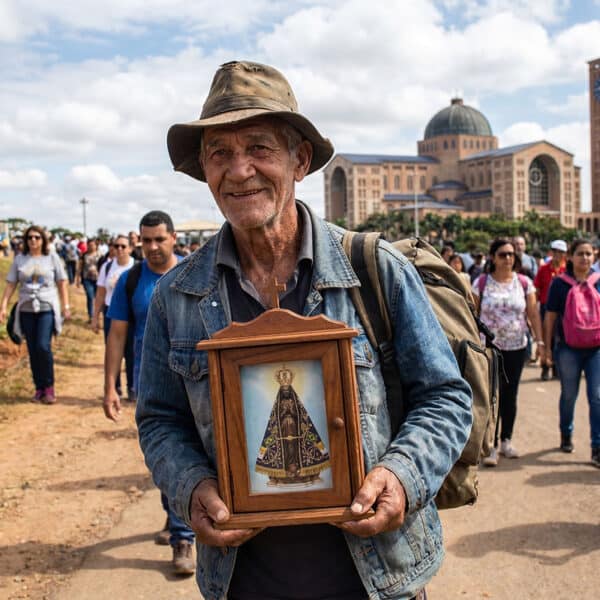Devoto segura um quadro de Nossa Senhora Aparecida diante do Santuário de Aparecida