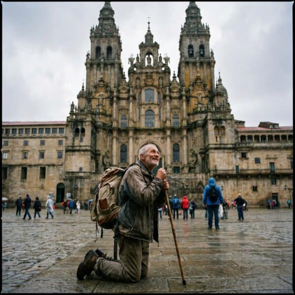 Peregrino ajoelhado diante da Catedral de Santiago de Compostela