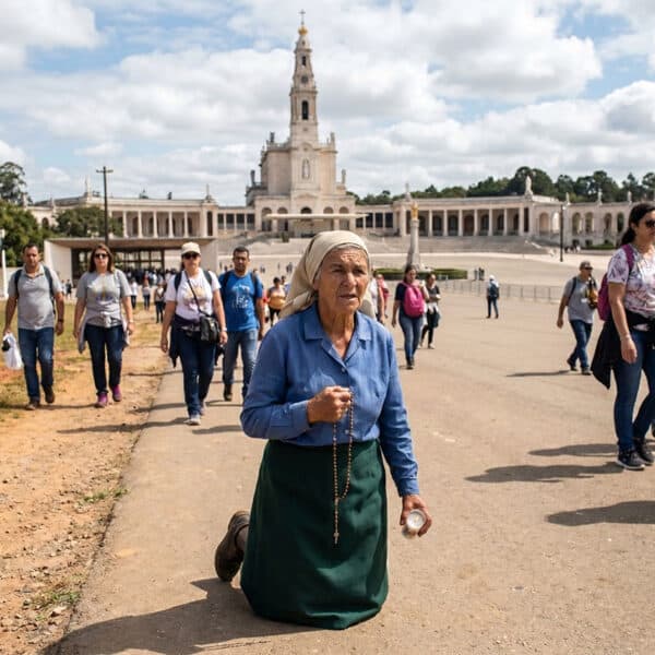Senhora reza o terço de joelhos no Santuário de Fátima