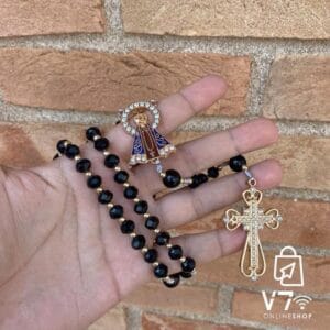 Terço De Cristal Preto Nossa Senhora Aparecida Personalizada com Cruz de Cristal / com Pedras para Porta Noiva Formatura