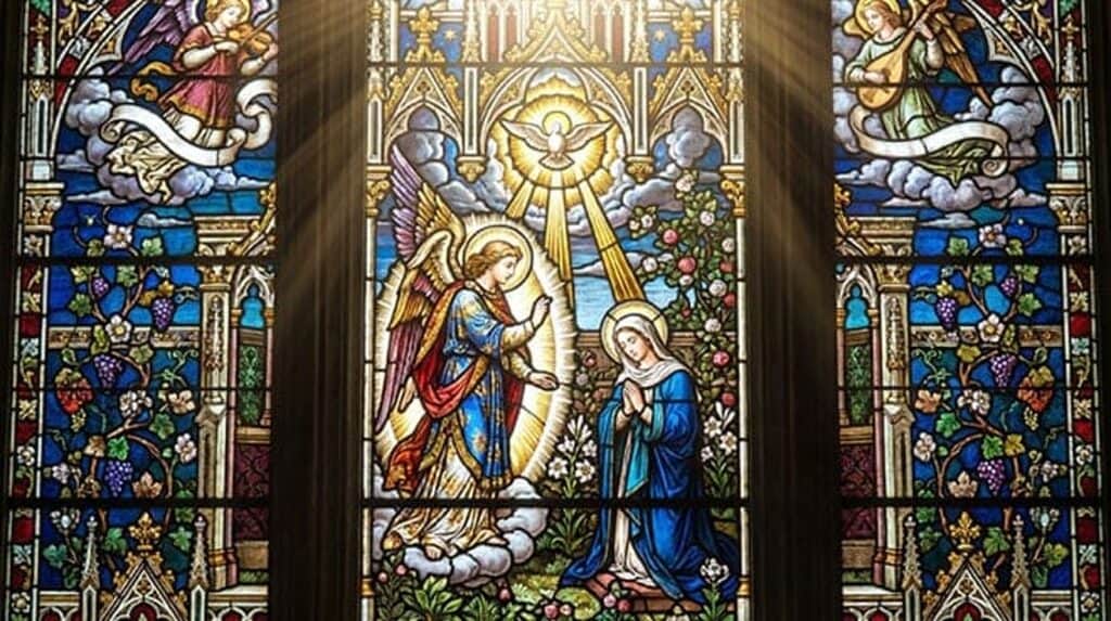 Vitral da Anunciação: o anjo Gabriel diante de Nossa Senhora