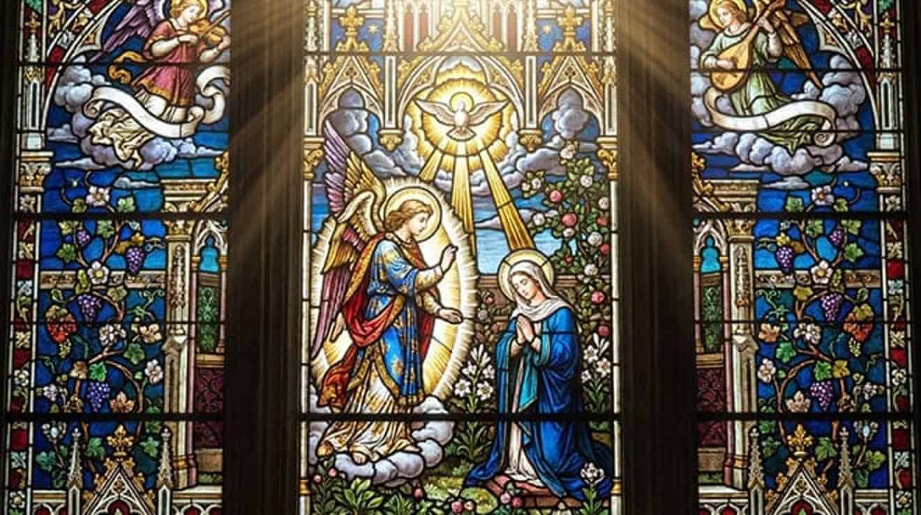 Vitral da Anunciação: o anjo Gabriel diante de Nossa Senhora