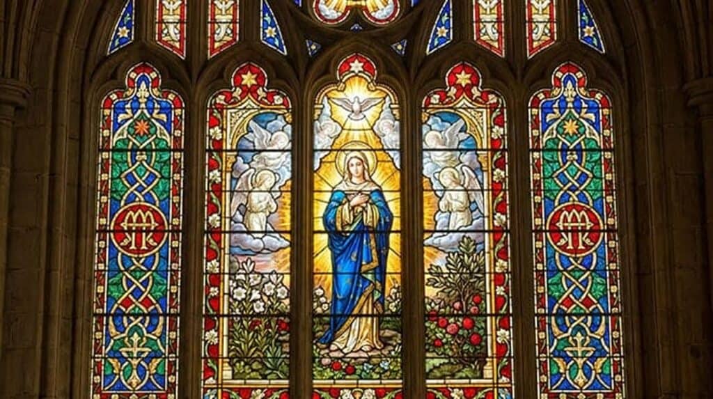 Vitral de Nossa Senhora de manto azul com as mãos postas