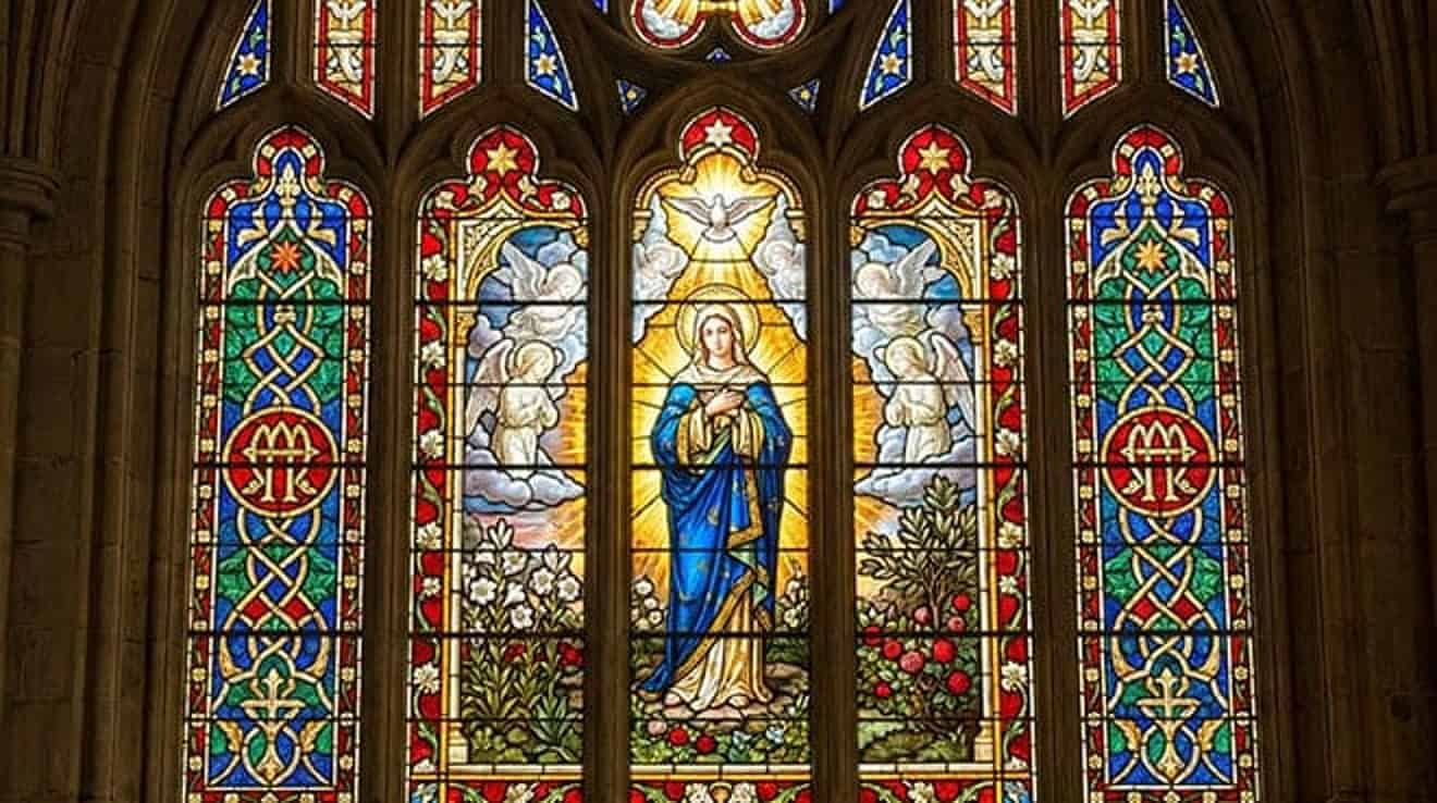 Vitral de Nossa Senhora de manto azul com as mãos postas