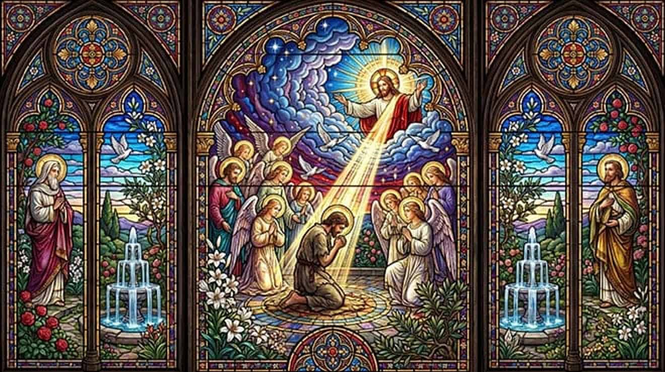 Vitral de um homem ajoelhado diante de Jesus, que o abençoa entre anjos