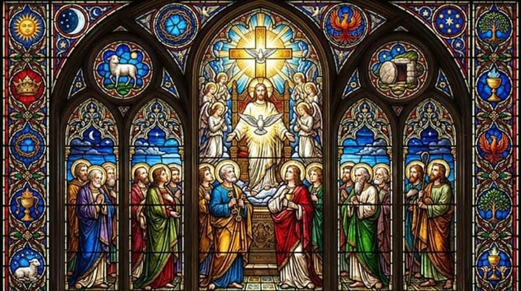 Vitral de Cristo entre os doze apóstolos, sob uma cruz luminosa
