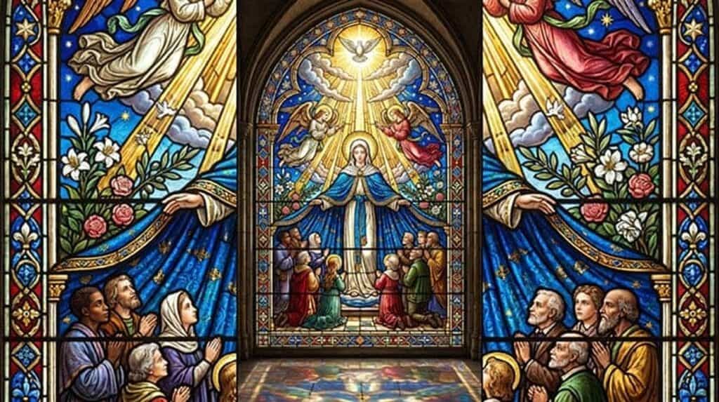 Vitral de Nossa Senhora estendendo o manto sobre os fiéis, sob a pomba do Espírito Santo