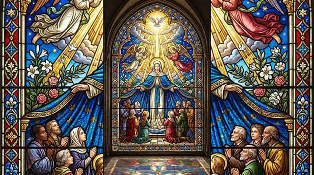 Vitral de Nossa Senhora estendendo o manto sobre os fiéis, sob a pomba do Espírito Santo