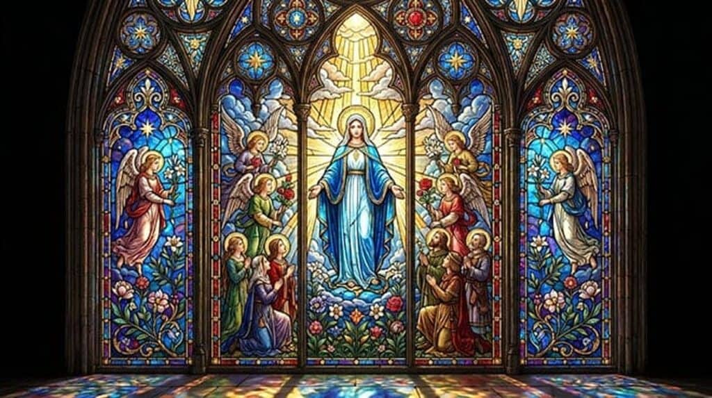 Vitral de Nossa Senhora de manto azul cercada de anjos