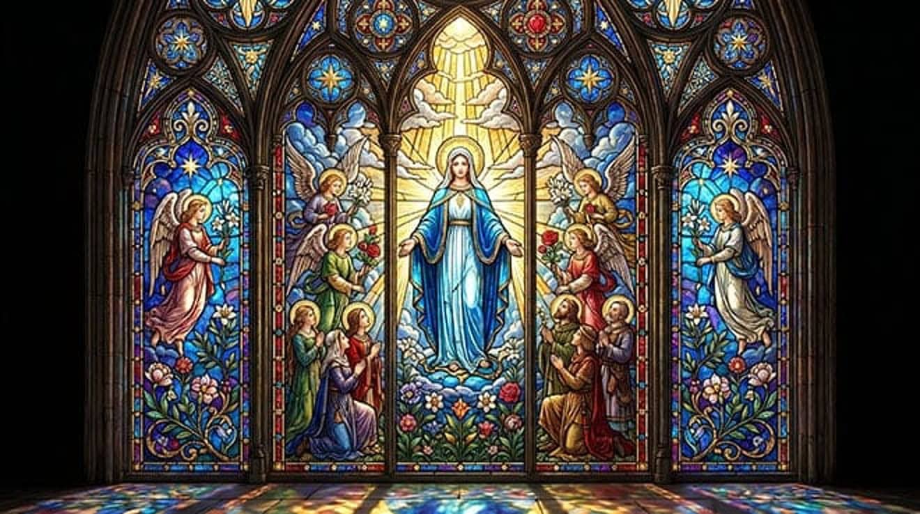 Vitral de Nossa Senhora de manto azul cercada de anjos