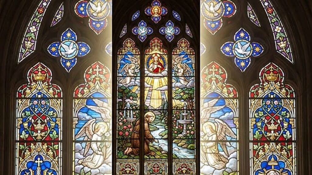 Vitral de um homem ajoelhado em oração junto a um riacho, entre anjos