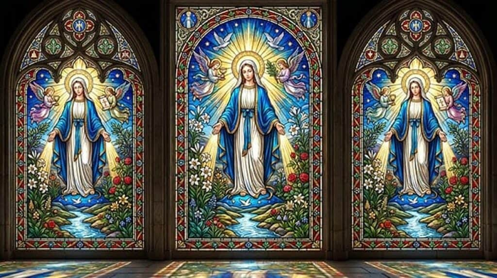 Vitral de Nossa Senhora de manto azul em três janelas góticas