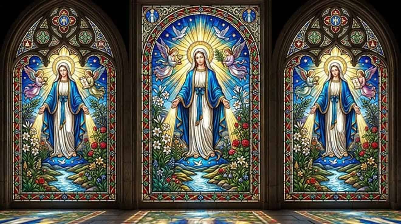 Vitral de Nossa Senhora de manto azul em três janelas góticas