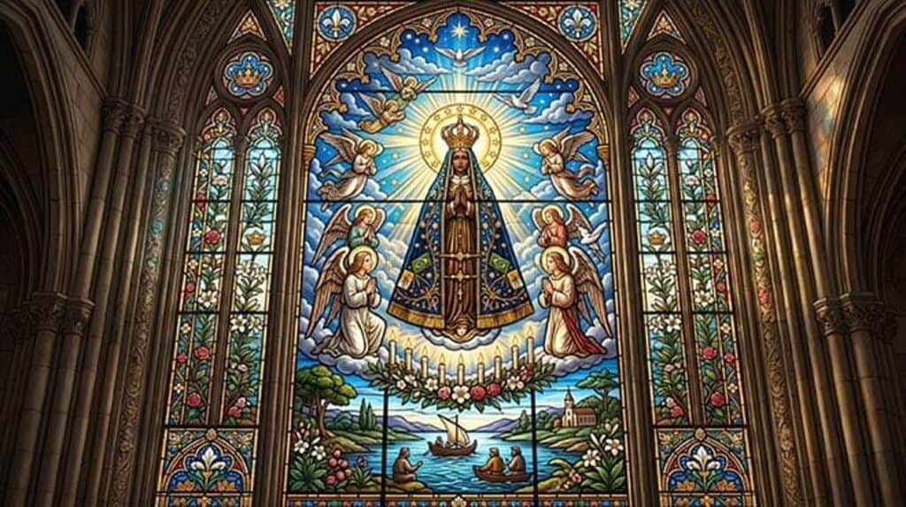 Vitral de Nossa Senhora Aparecida de manto azul e coroa, sobre um rio com barco