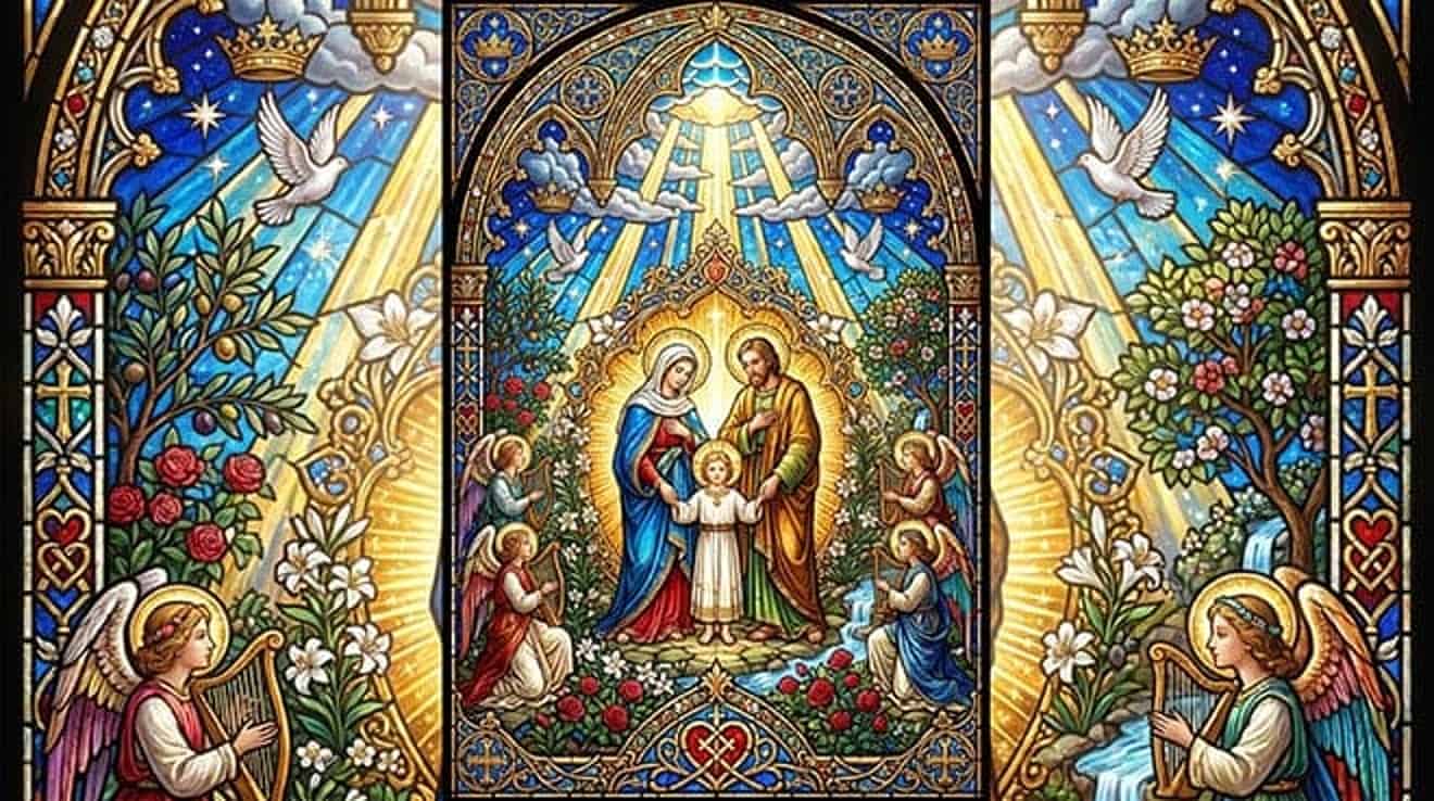 Vitral da Sagrada Família: Maria, José e o Menino Jesus entre anjos
