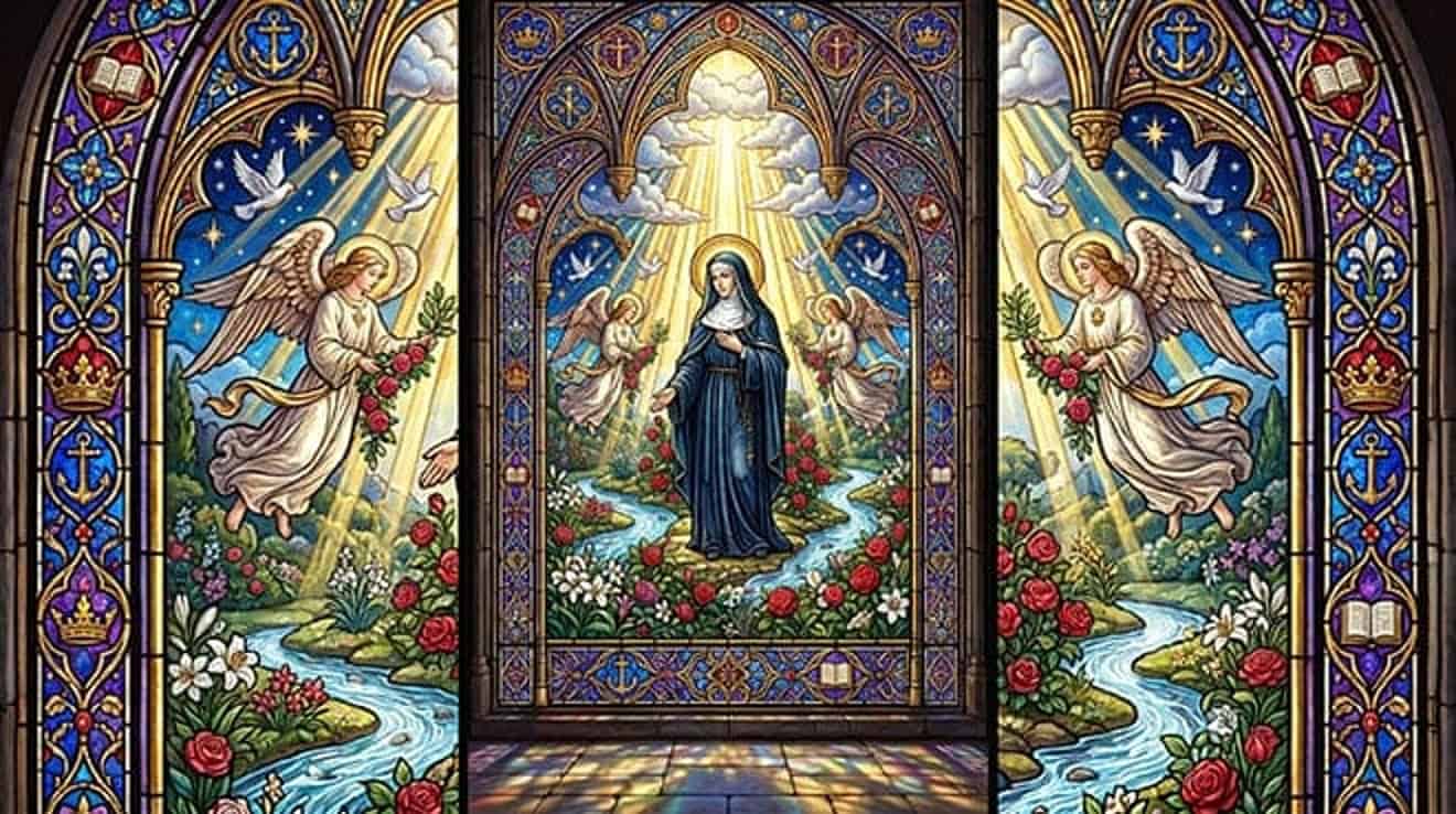Vitral de Santa Rita de Cássia de hábito preto, entre anjos e rosas