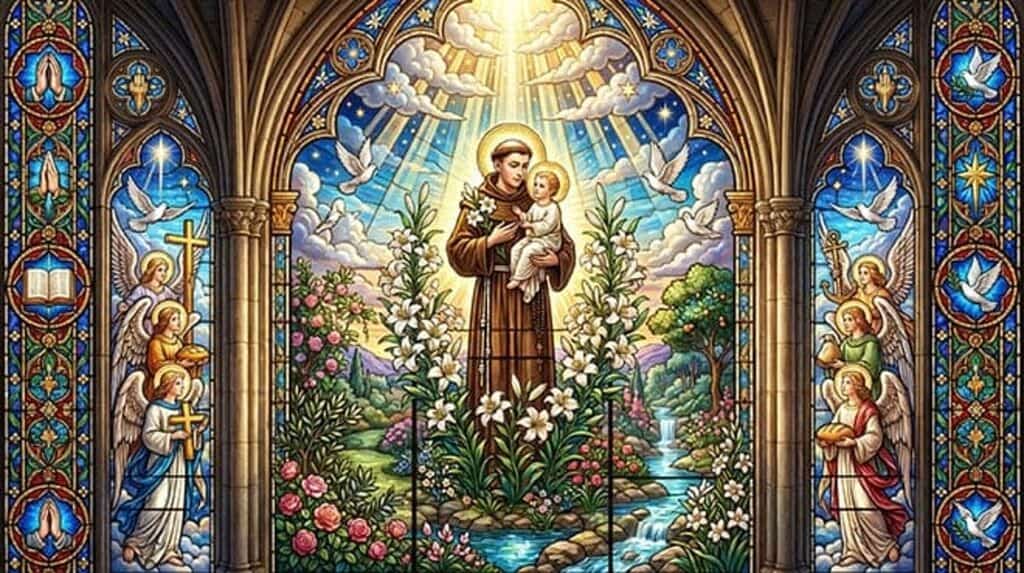Vitral de Santo Antônio com o Menino Jesus no colo, entre lírios e anjos