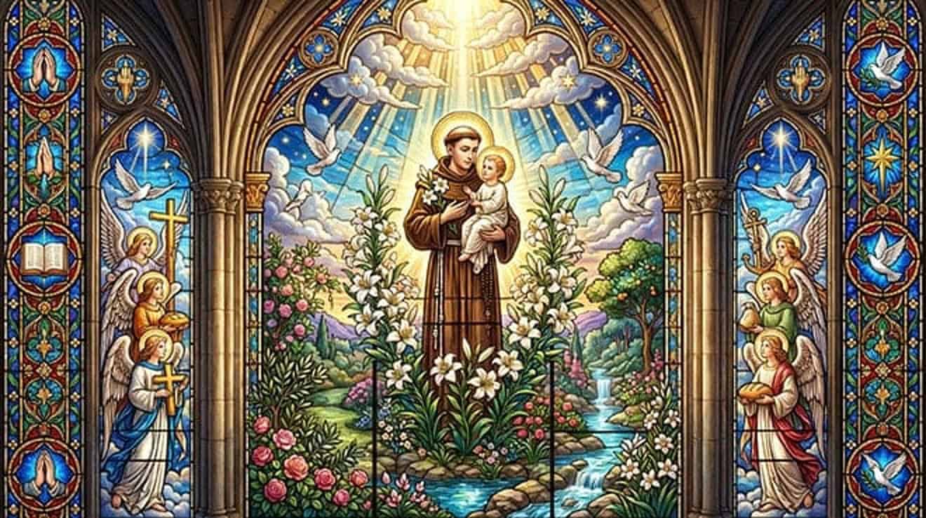 Vitral de Santo Antônio com o Menino Jesus no colo, entre lírios e anjos