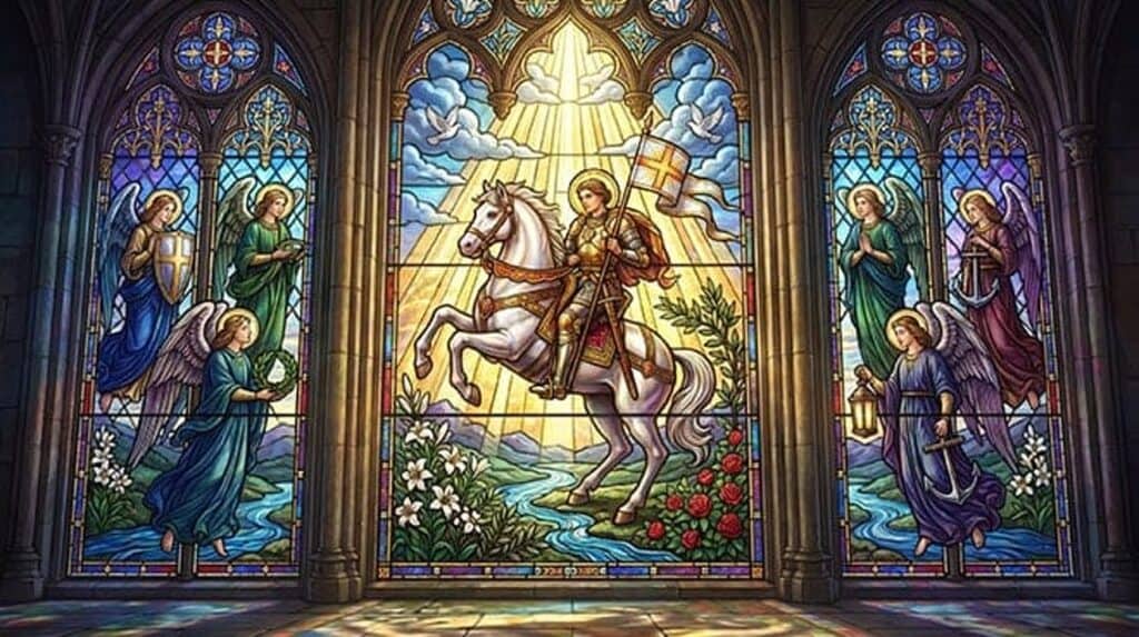 Vitral de São Jorge a cavalo com estandarte, entre anjos