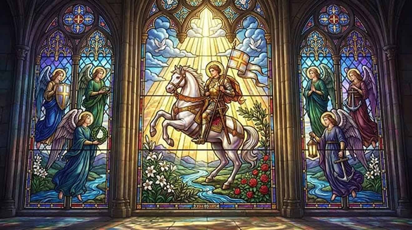 Vitral de São Jorge a cavalo com estandarte, entre anjos