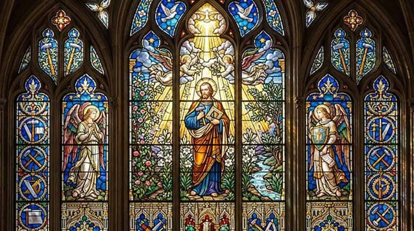 Vitral de São José com um livro, entre anjos, com ferramentas de carpinteiro nas janelas laterais