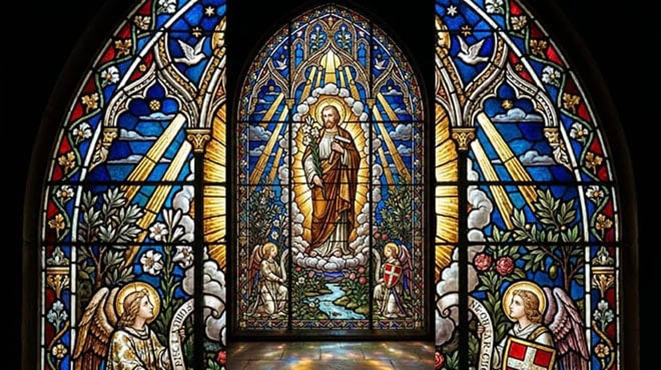 Vitral de São José segurando um lírio, entre anjos