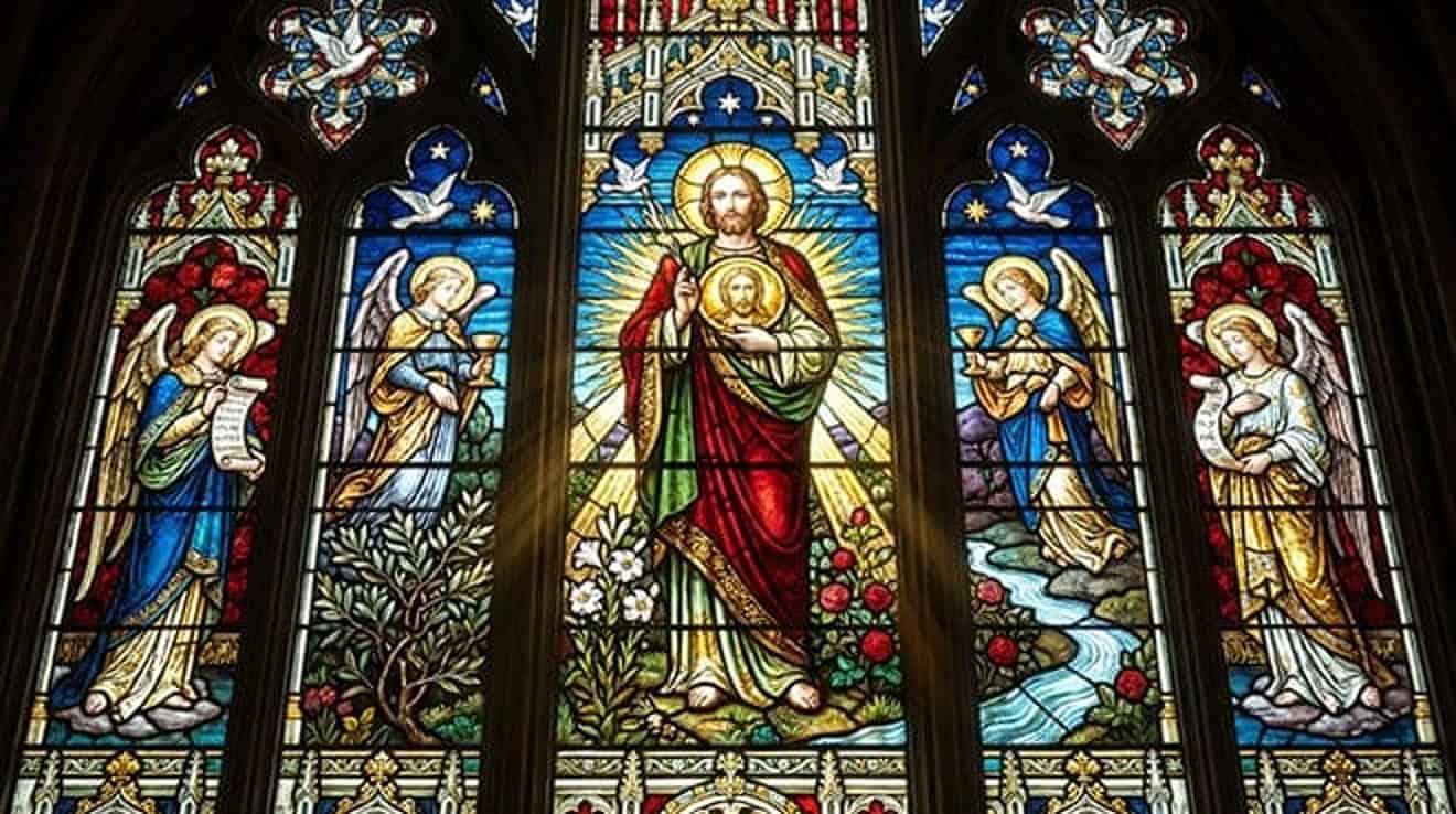 Vitral de São Judas Tadeu com o medalhão de Jesus no peito, entre anjos