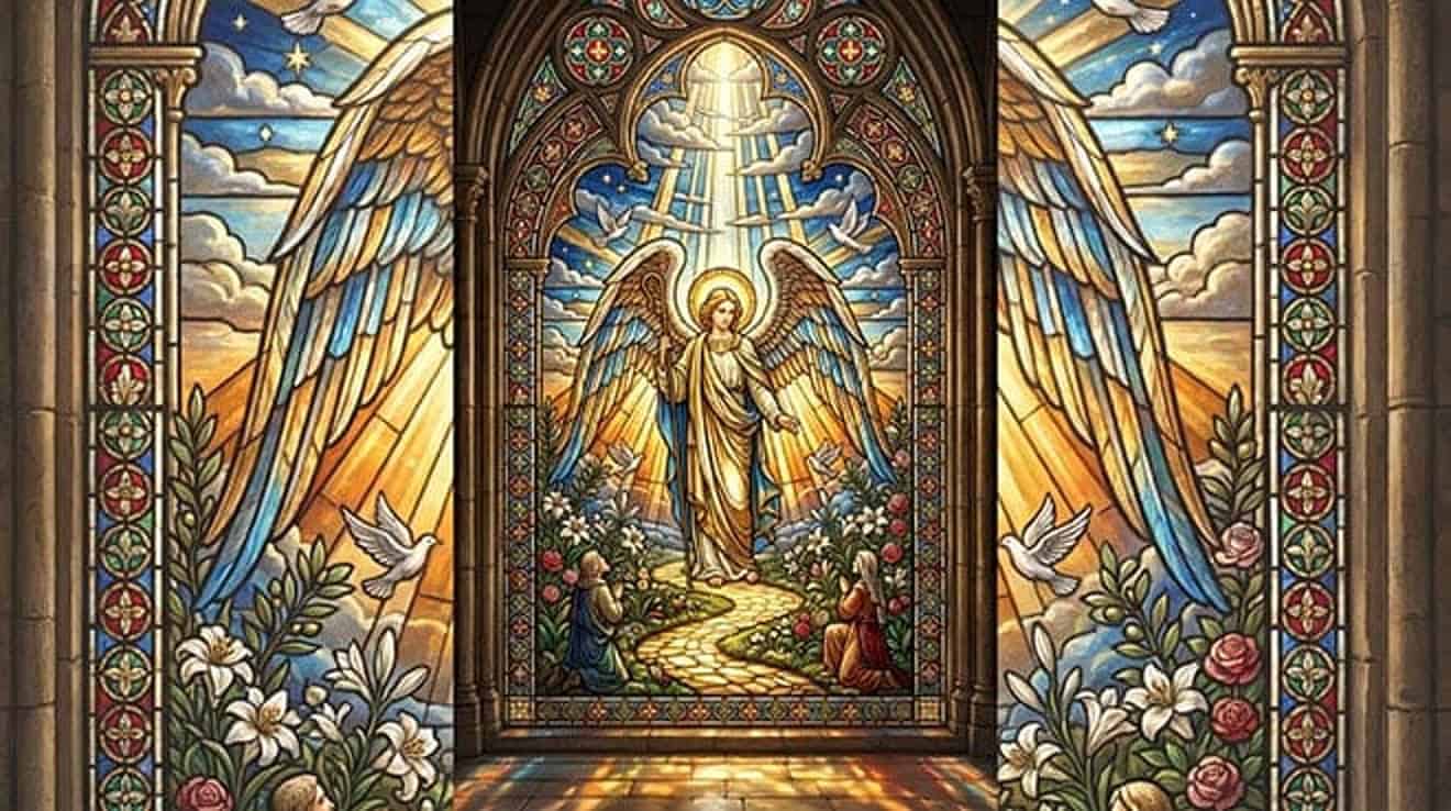 Vitral do Anjo da Guarda de asas abertas sobre um caminho