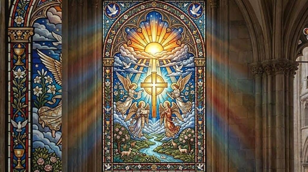 Vitral com uma cruz diante do sol nascente, entre anjos e pombas