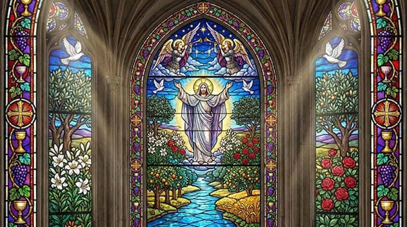 Vitral de Jesus de braços abertos sobre um rio, entre árvores e pombas