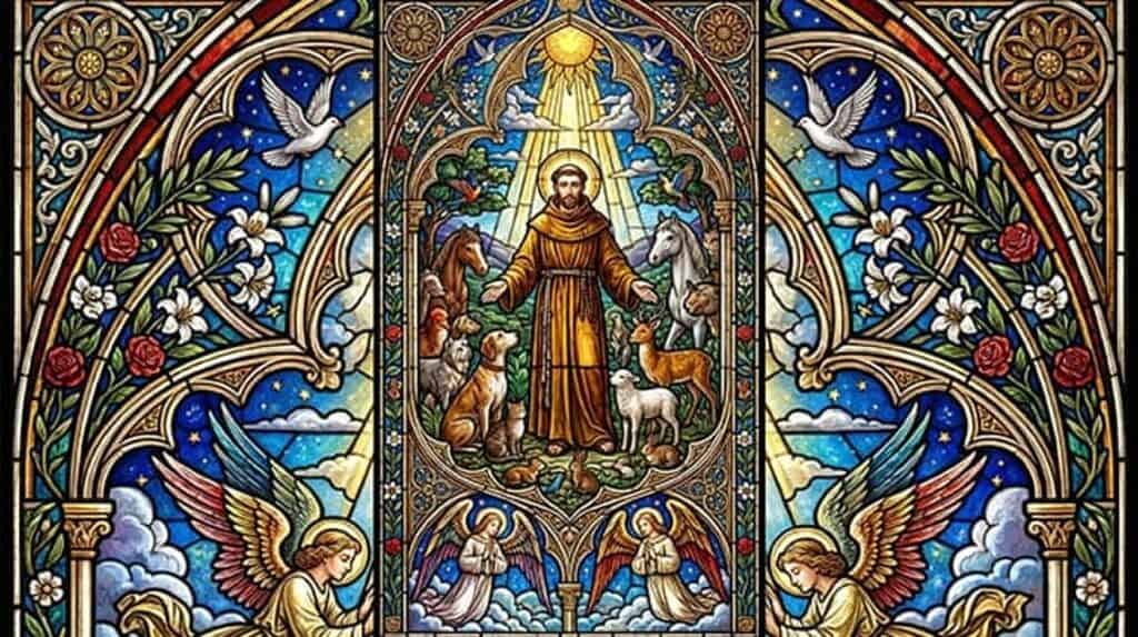 Vitral de um frade franciscano cercado de animais, entre anjos