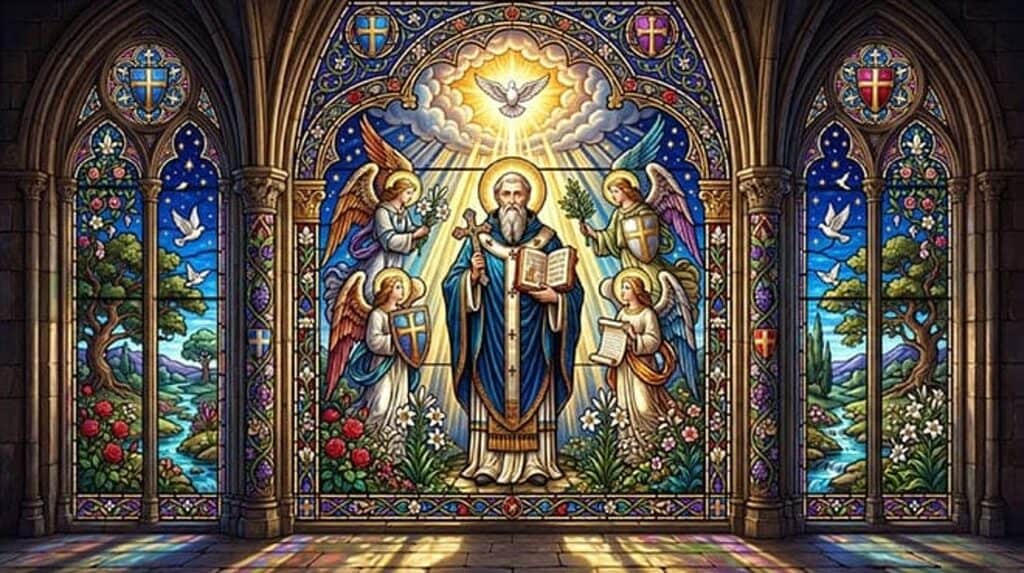 Vitral de São Bento com báculo e o livro da Regra, sob a pomba do Espírito Santo