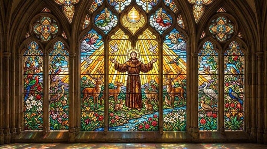 Vitral de São Francisco de Assis de braços abertos, entre animais e pássaros