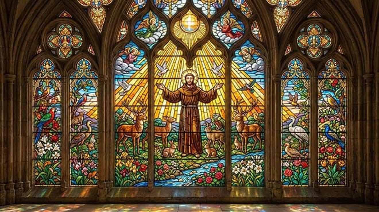 Vitral de São Francisco de Assis de braços abertos, entre animais e pássaros
