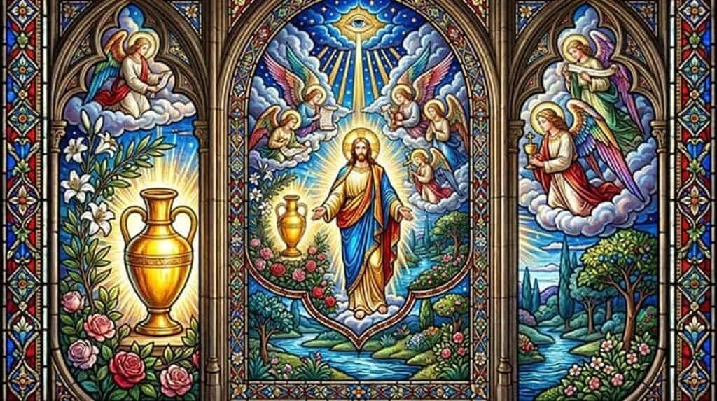 Vitral de Jesus com um vaso de óleo dourado, entre anjos