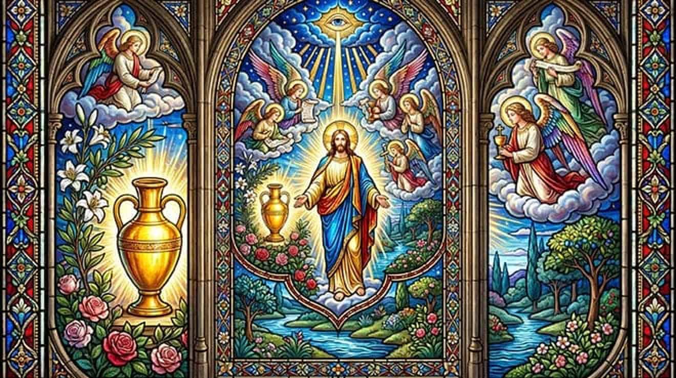 Vitral de Jesus com um vaso de óleo dourado, entre anjos