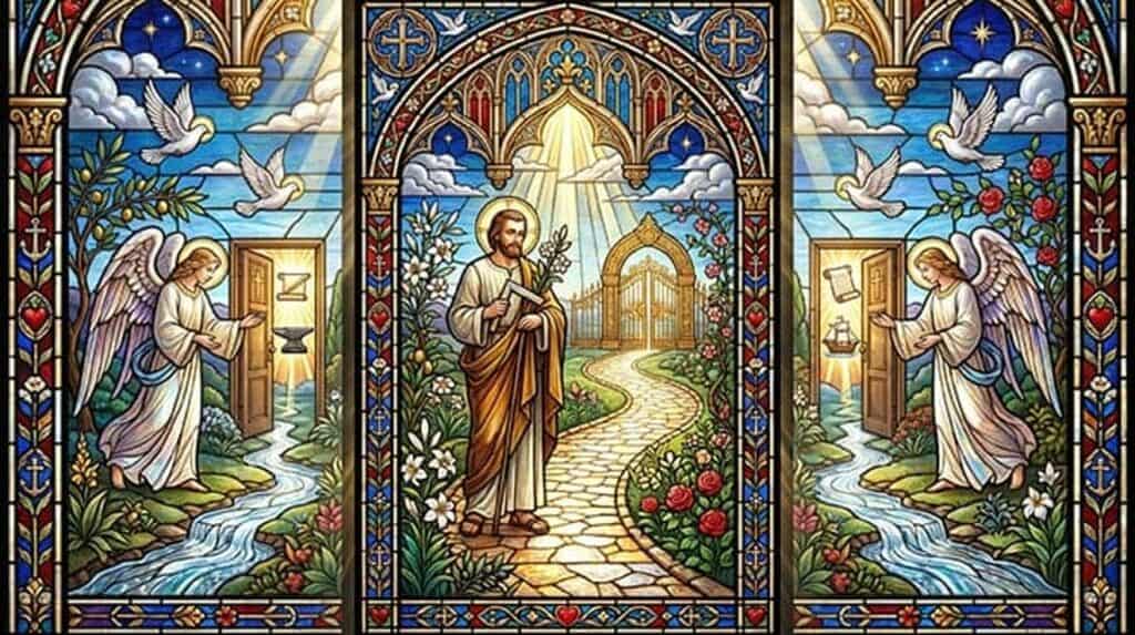 Vitral de São José diante de um caminho que leva a um portão aberto