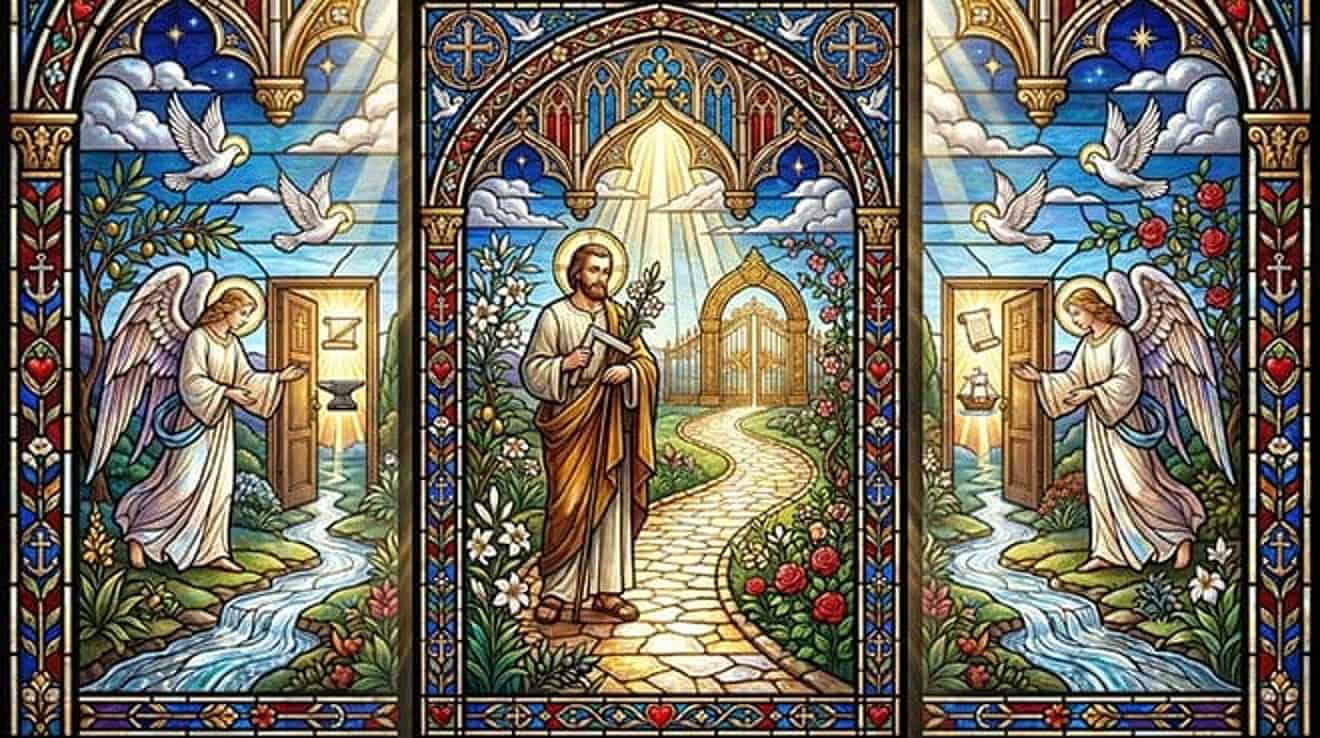Vitral de São José diante de um caminho que leva a um portão aberto