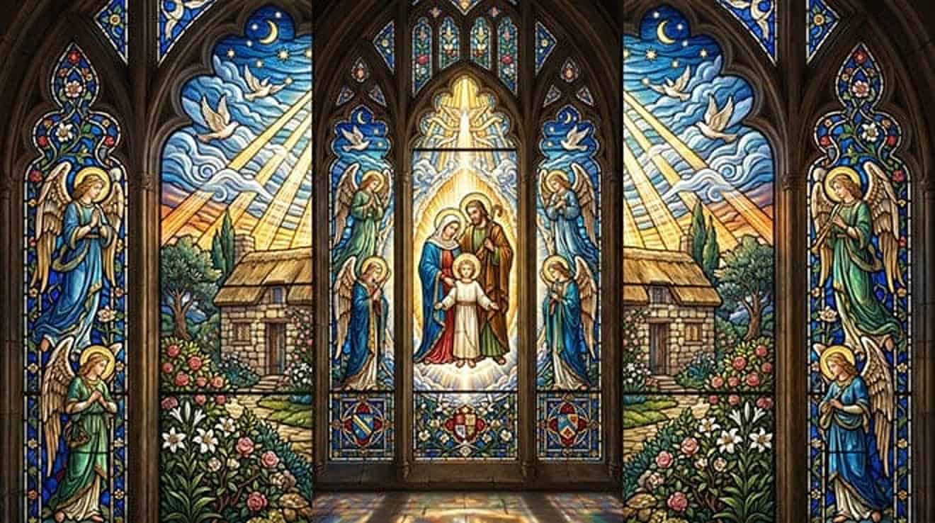 Vitral da Sagrada Família diante de uma casa simples, entre anjos