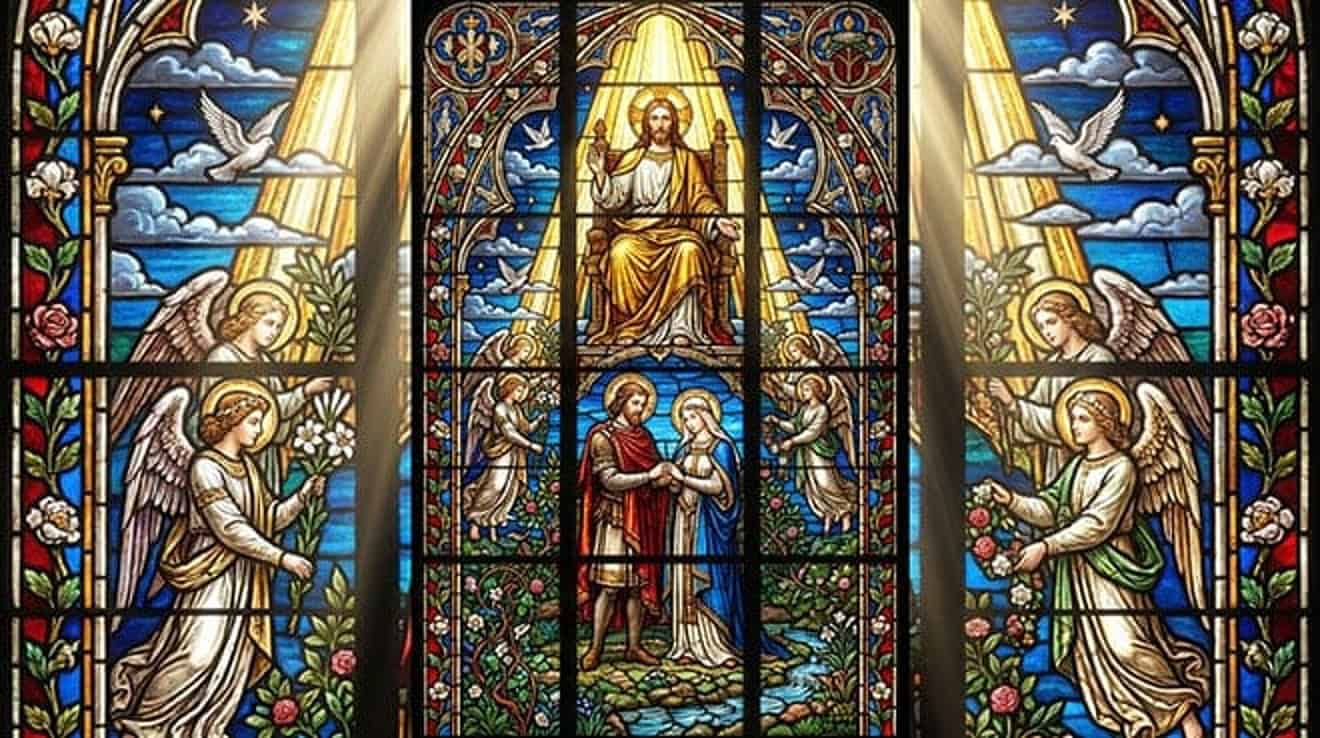 Vitral de um casal de noivos diante de Cristo no trono, entre anjos