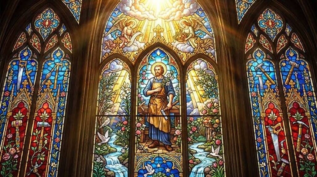 Vitral de São José carpinteiro de avental, com ferramentas nas janelas laterais