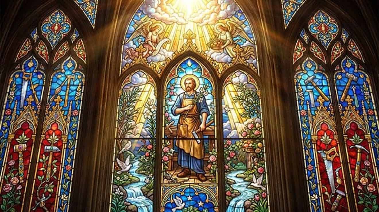 Vitral de São José carpinteiro de avental, com ferramentas nas janelas laterais