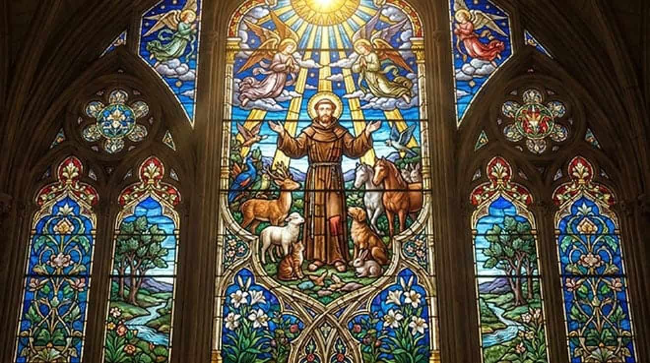 Vitral de São Francisco de Assis cercado de animais, sob anjos