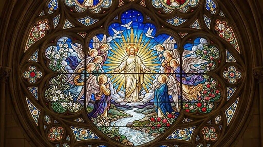 Vitral redondo de Jesus ressuscitado entre anjos, sobre um rio