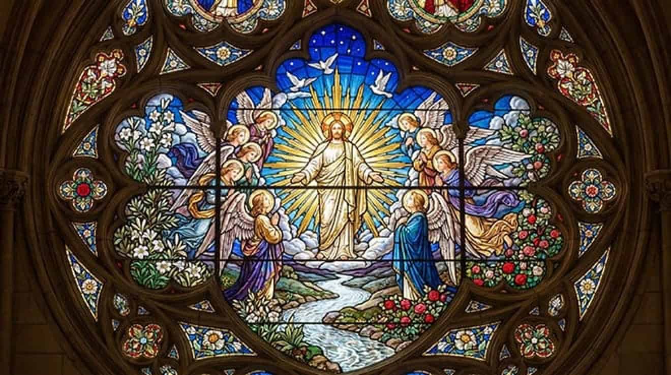 Vitral redondo de Jesus ressuscitado entre anjos, sobre um rio