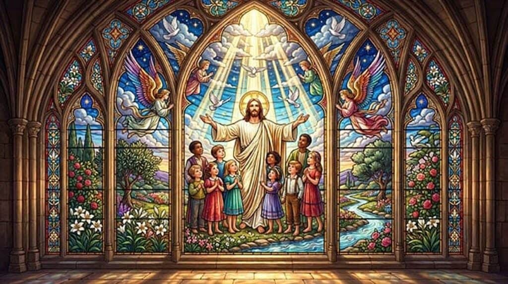 Vitral de Jesus de braços abertos cercado de crianças