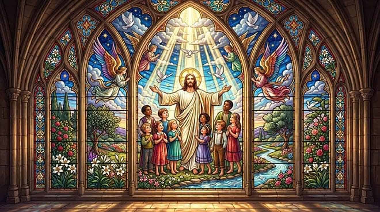 Vitral de Jesus de braços abertos cercado de crianças