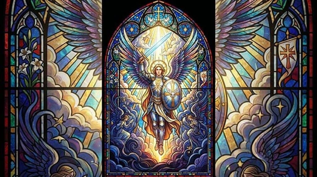 Vitral de São Miguel Arcanjo de asas abertas, com escudo
