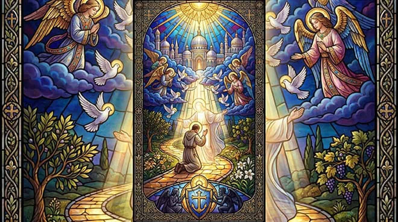 Vitral de um homem ajoelhado em oração num caminho de luz, entre anjos e pombas