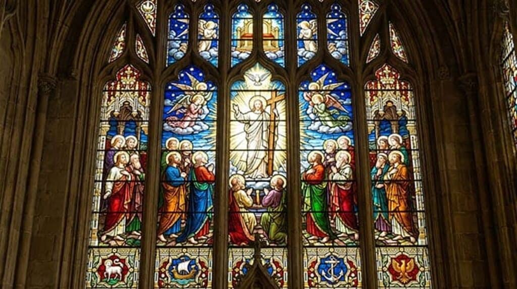 Vitral de Cristo ressuscitado com o estandarte da cruz, entre os apóstolos
